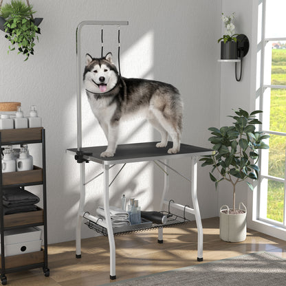 Dog Grooming Table w/ Adjustable Arm, Mesh Tray, Two Nooses, Rubber Surface, 35" x 24" x 61", Black
