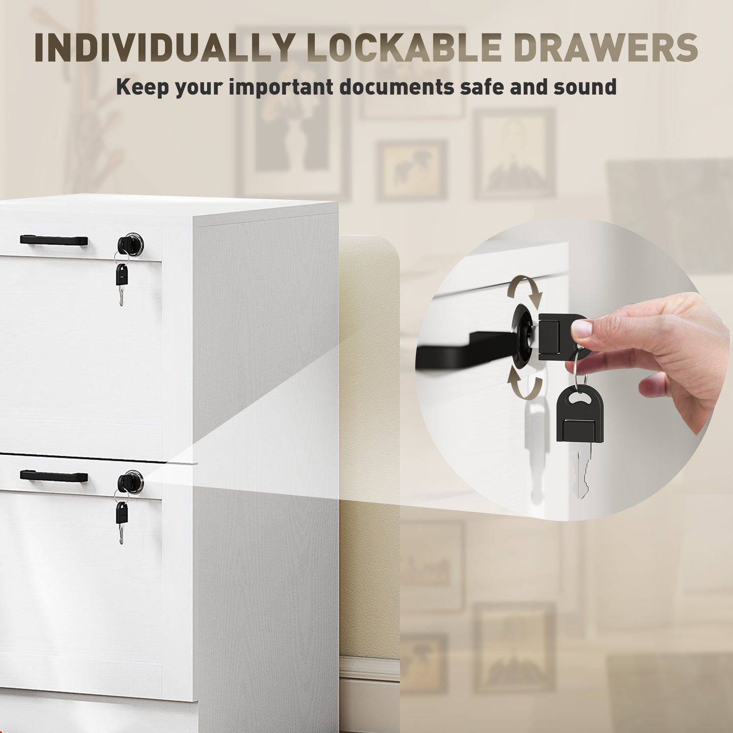 Vertical Filing Cabinet with 2 Drawers, Lock, File Cabinet for Home Office, A4 and Letter Size Files, White