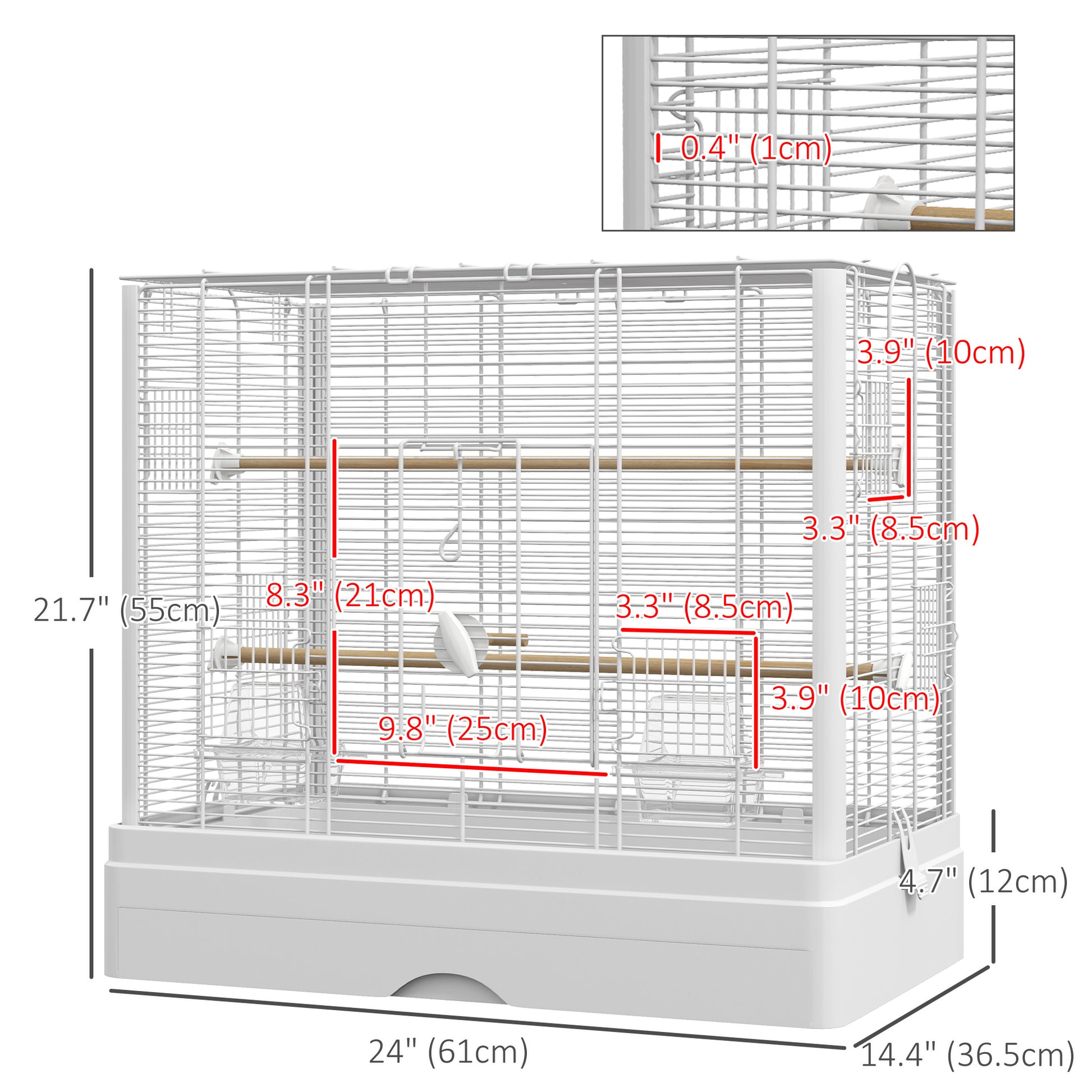 22" Bird Cage for Budgie Finches Canaries Love Birds with Wooden Stands, Slide-Out Tray, Handles, Food Containers, White