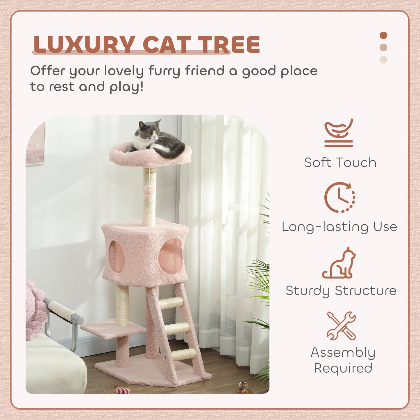 47" Tall Cat Tree Tower with Condo, Ladder, Scratching Posts and Hanging Ball, Pink