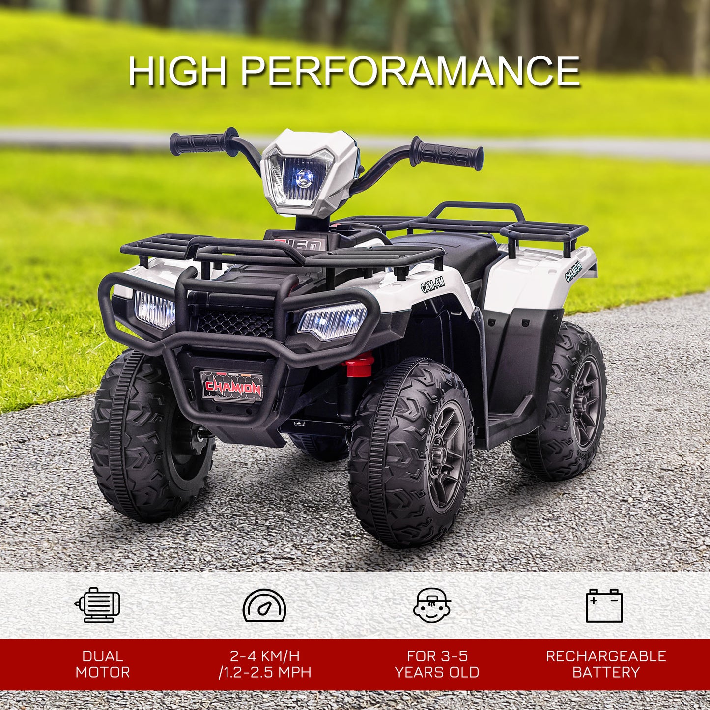 Aosom 12V Kids ATV Quad, 4 Wheeler Battery Powered Electric Vehicle with Music MP3, Headlights, High Low Speed, Treaded Tires, for Boys and Girls Ages 37-60 Months, White