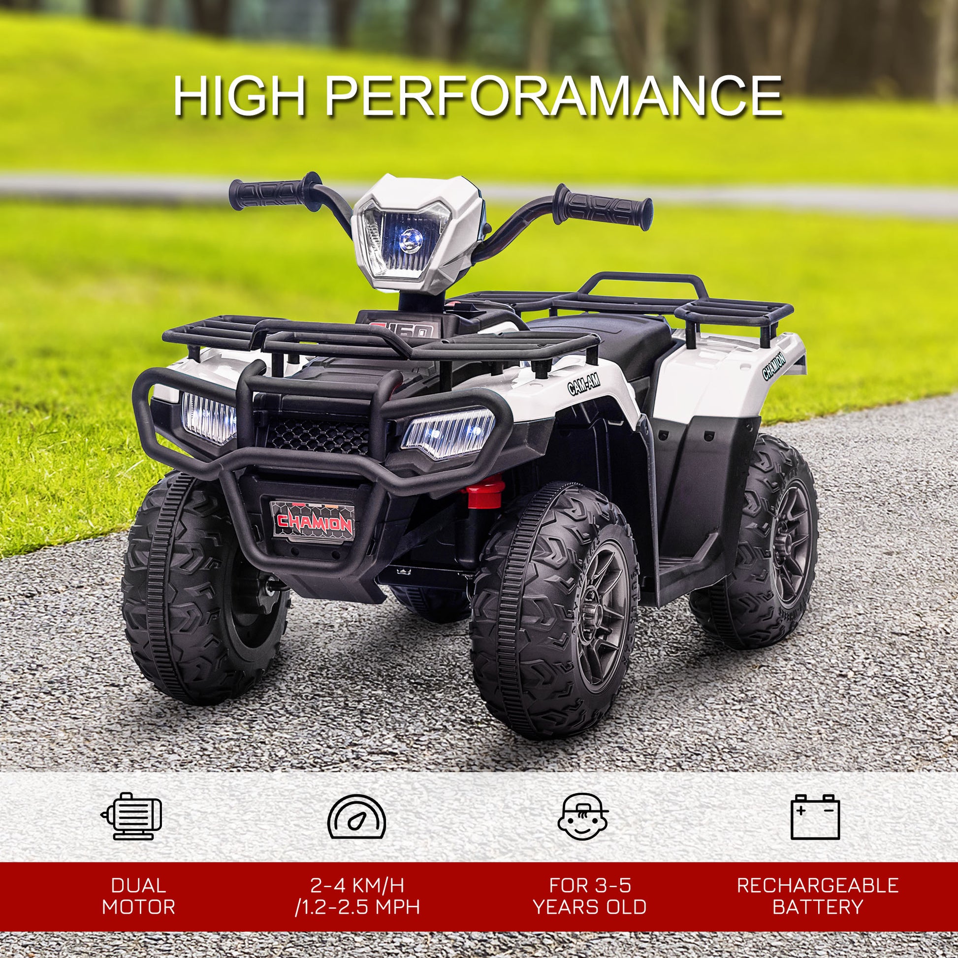 Aosom 12V Kids ATV Quad, 4 Wheeler Battery Powered Electric Vehicle with Music MP3, Headlights, High Low Speed, Treaded Tires, for Boys and Girls Ages 37-60 Months, White