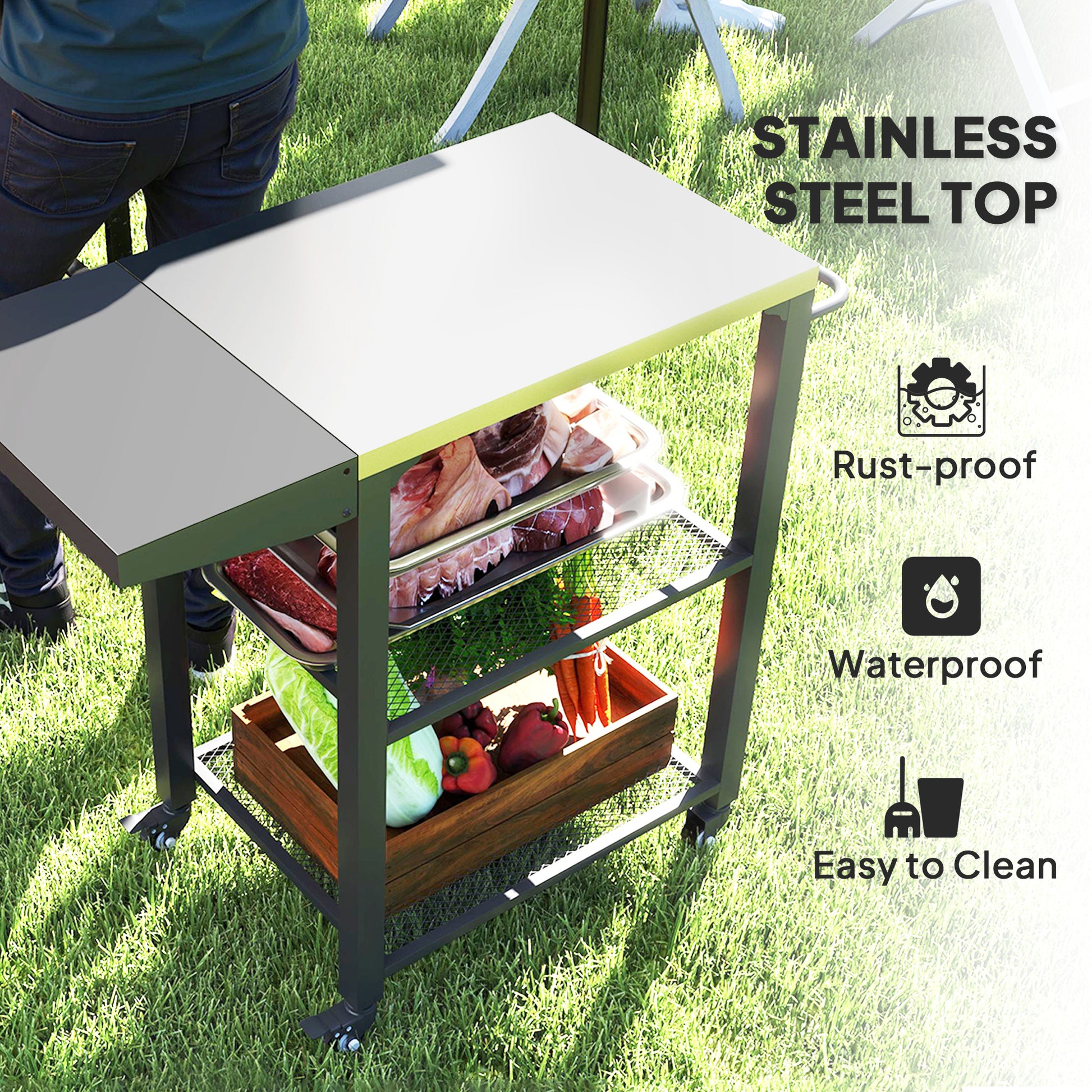 Outdoor Grill Cart w/ Foldable Side Table, 3-Tier Pizza Oven Stand w/ Stainless Steel Tabletop, Hooks, Wheels