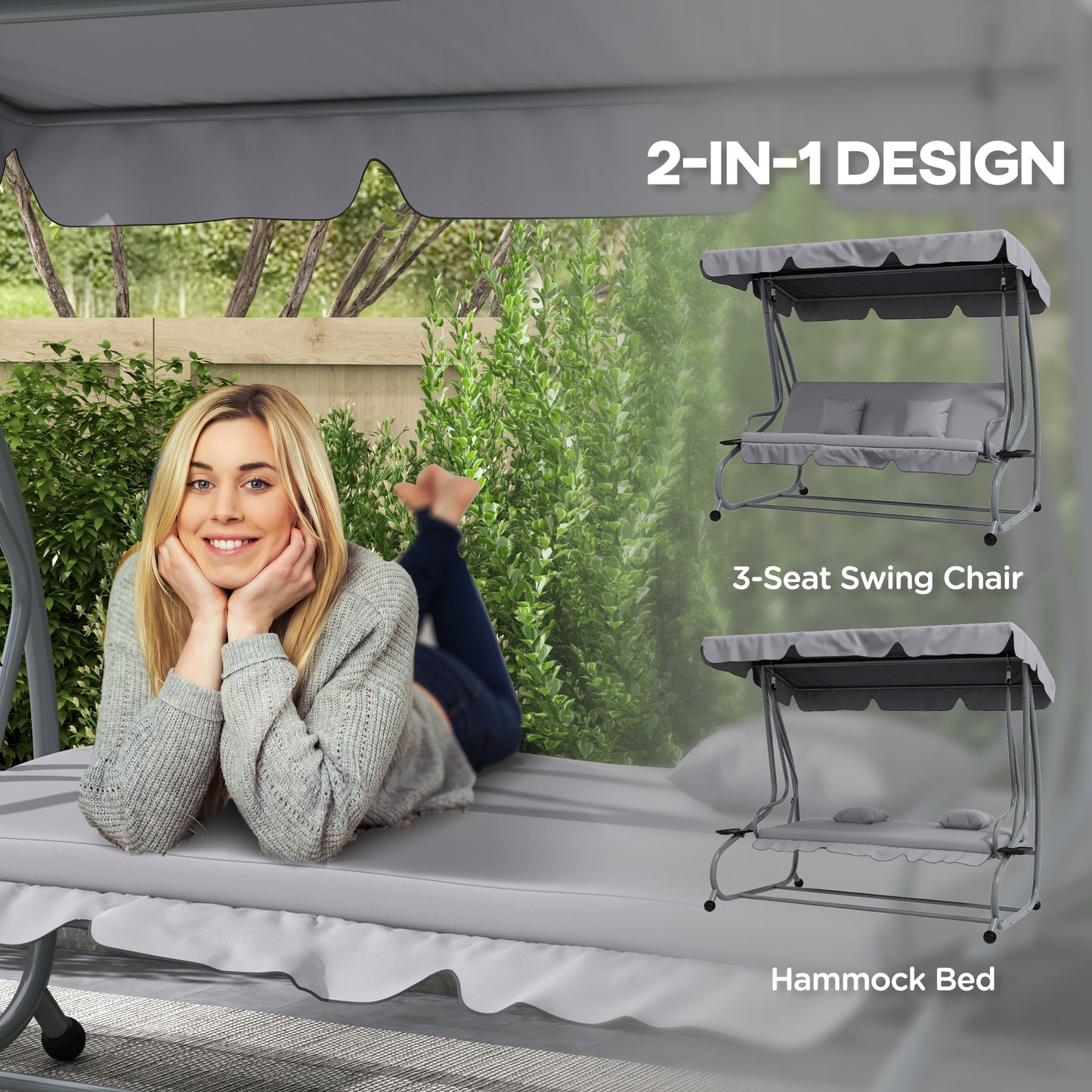 Outdoor 3-Seater Patio Swing Chair, Outdoor Swing Seat, with Adjustable Canopy and Two Pillows for Garden, Light Grey