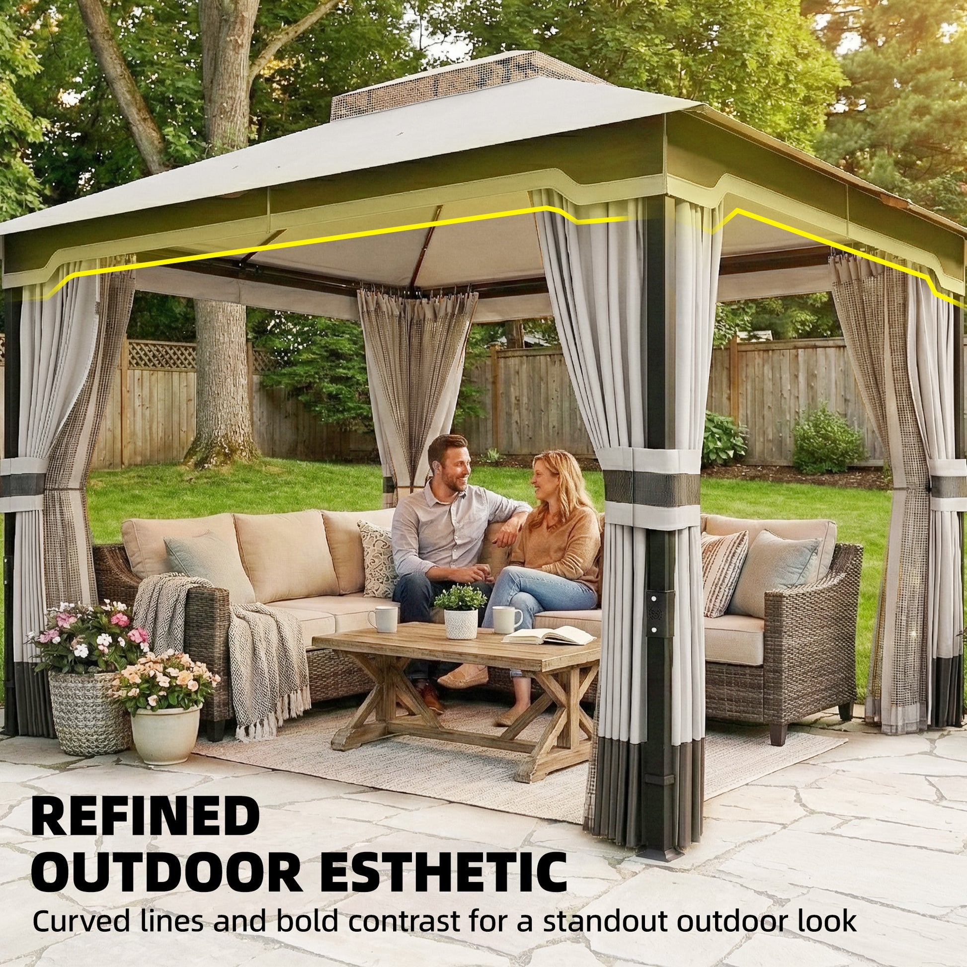 10' x 12' Patio Gazebo, Double Roof Outdoor Gazebo Canopy Shelter with Netting and Curtains, Steel Frame, Light Grey