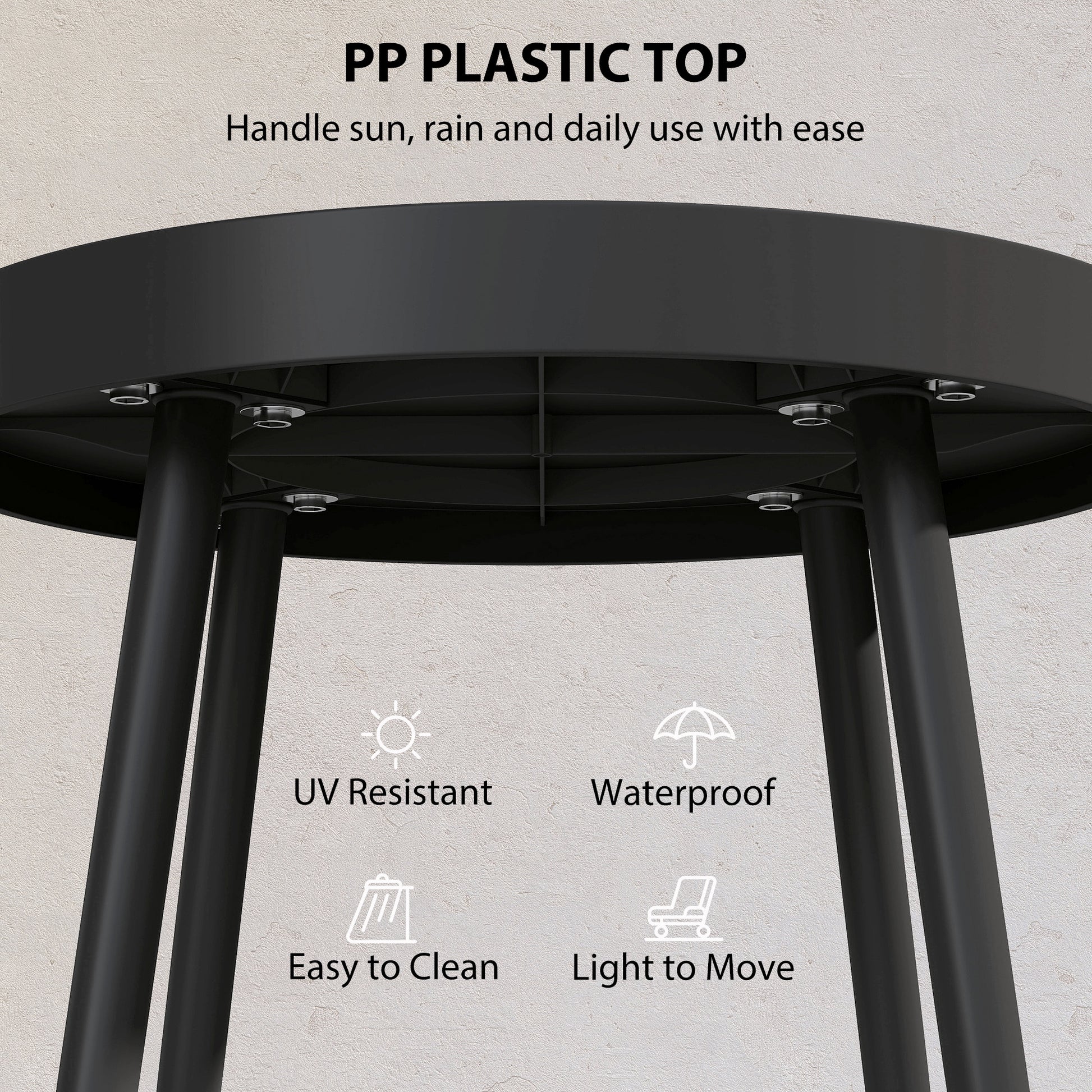 19.5" Round Patio Table, Small Outdoor Patio Coffee Side End Table with Plastic Tray-Style Top, Metal Legs, Black