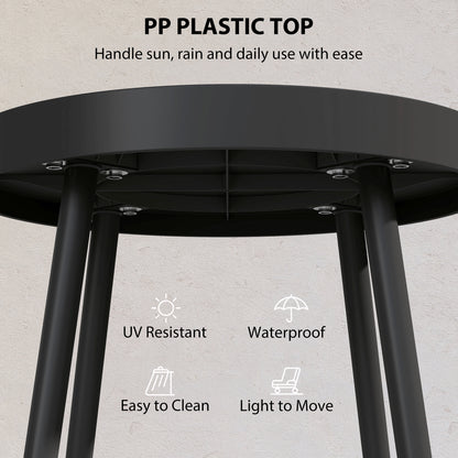 19.5" Round Patio Table, Small Outdoor Patio Coffee Side End Table with Plastic Tray-Style Top, Metal Legs, Black