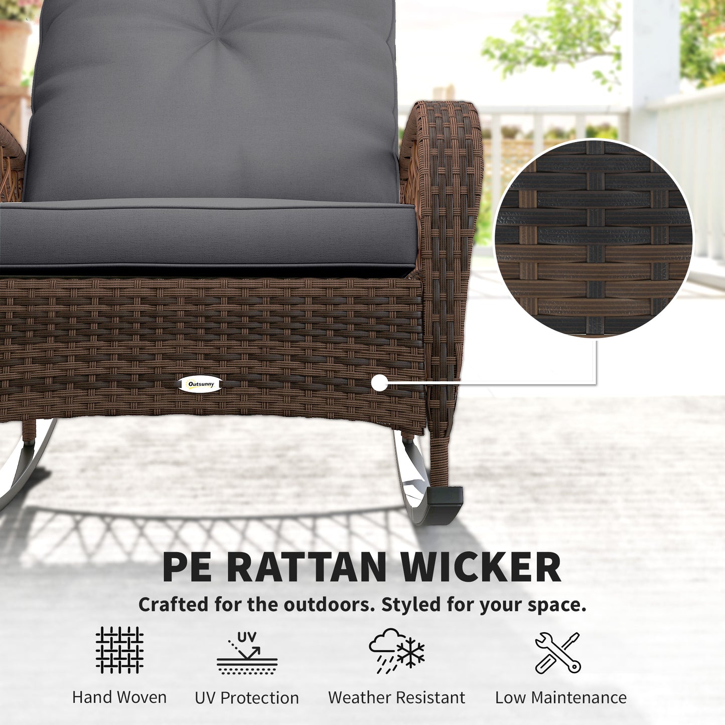 Outdoor Wicker Rattan Rocking Chair Patio Rocker with Thick Cushions for Garden Backyard Porch, Black