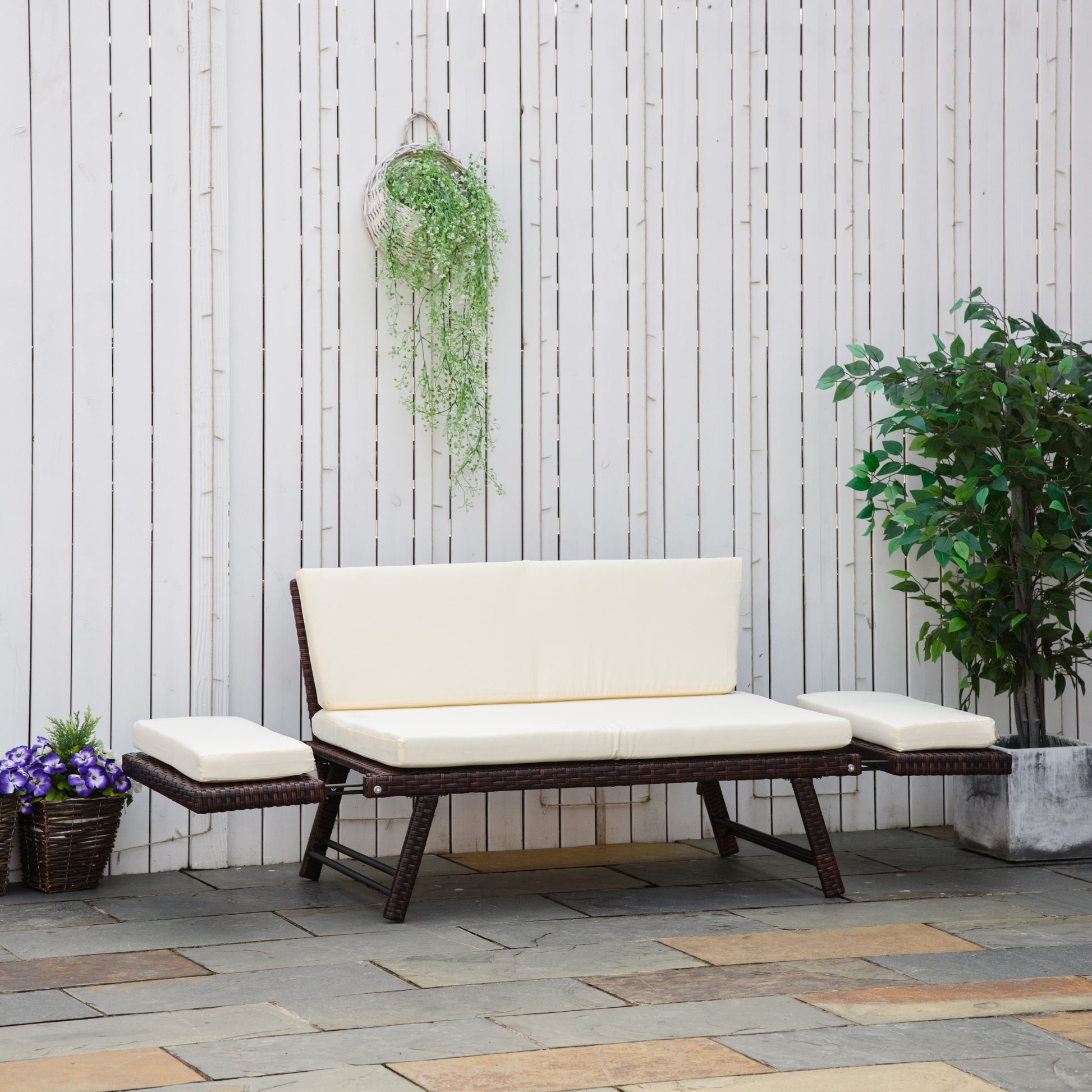 Convertible Rattan Sofa Bed Chaise Lounge Wicker Loveseat Armchair Double Seat with Cushion All Weather Patio Furniture Brown
