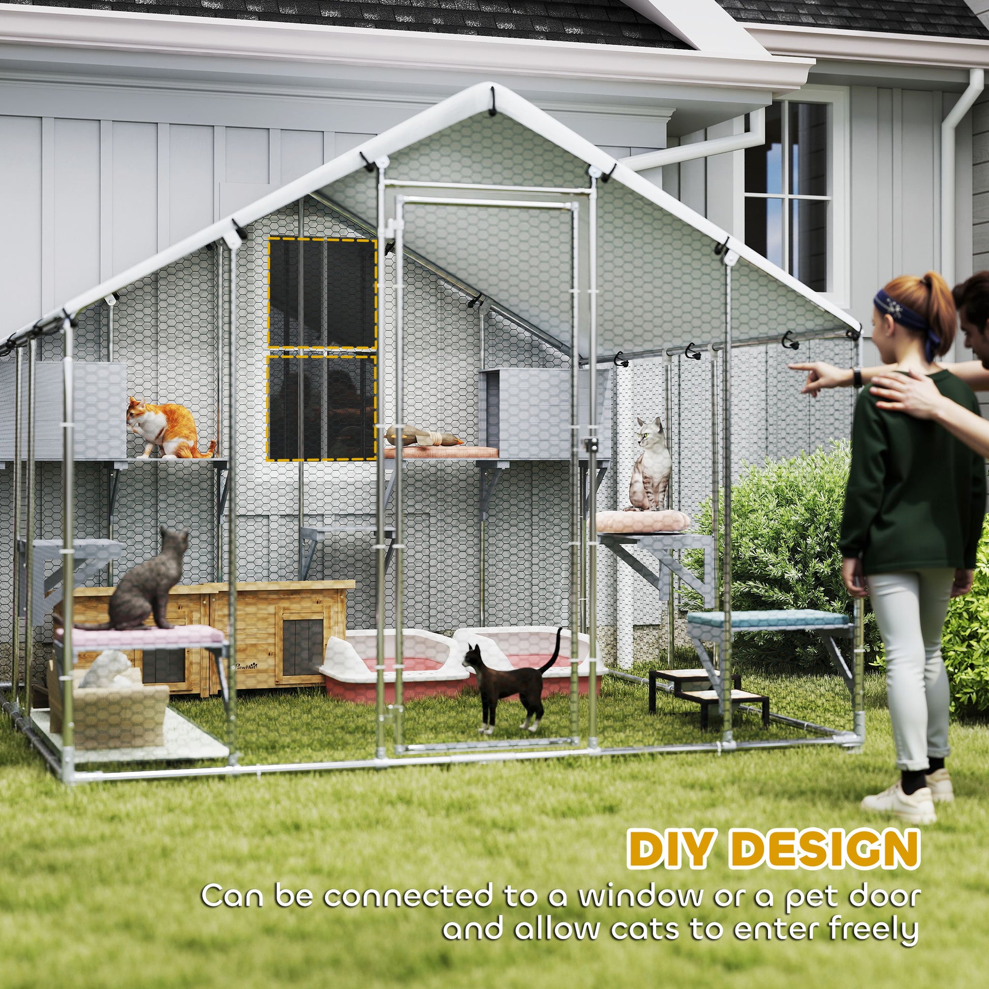 94.5" Extra Large Metal Outdoor Catio with Waterproof Cover, 2 Resting Boxes, 7 Platforms, for Multiple Rabbits, Chicken