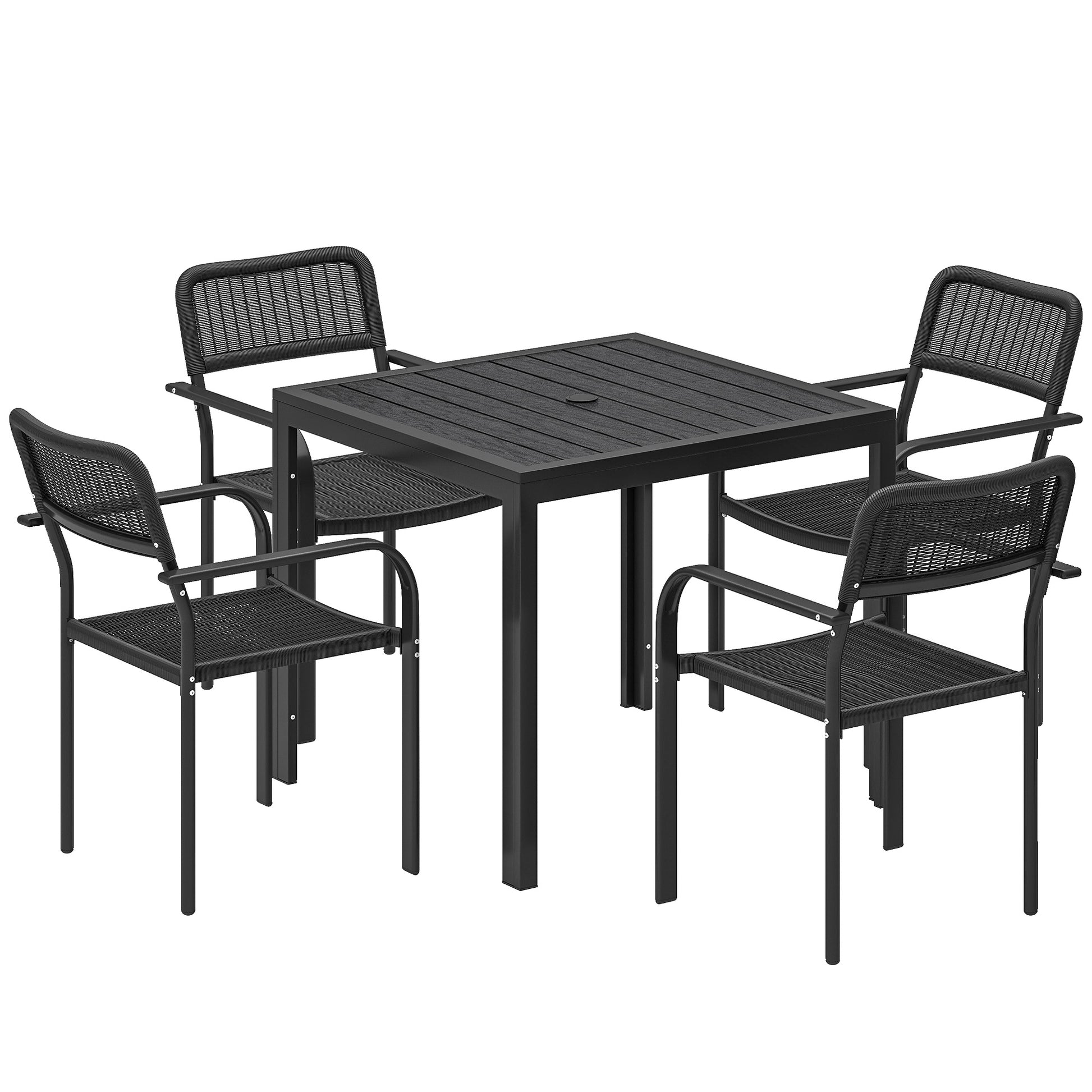 Outdoor Dining Set for 4, Faux Wood Metal Patio Table and Stackable Chairs with Plastic Rattan Effect Seat, Black