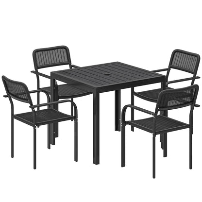 Outdoor Dining Set for 4, Faux Wood Metal Patio Table and Stackable Chairs with Plastic Rattan Effect Seat, Black