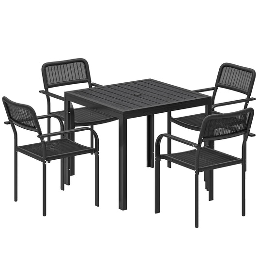 Outdoor Dining Set for 4, Faux Wood Metal Patio Table and Stackable Chairs with Plastic Rattan Effect Seat, Black
