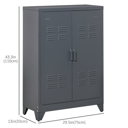 Metal Storage Cabinet, Industrial Sideboard Buffet Cabinet with 2 Louvered Doors, Adjustable Shelves, Grey