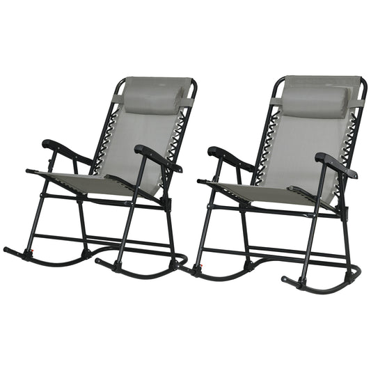 2pc Patio Foldable Rocking Chair Set w/ Breathable Mesh Seat & Backrest, Headrest for Park, Backyard, Garden, Grey
