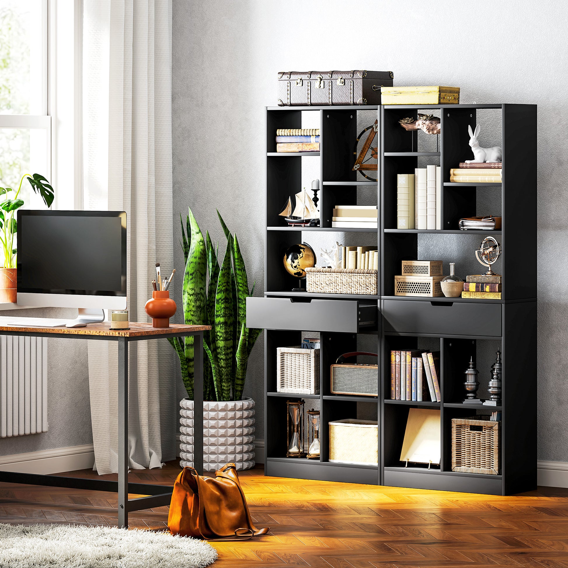 Tall Bookshelf with Drawer, Freestanding Bookcase for Bedroom, Living Room, Home Office, Black