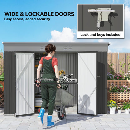 9' x 4' Galvanized Steel Garden Storage Shed with Lockable Doors, Gloves and 2 Air Vents for Backyard, Patio, Lawn