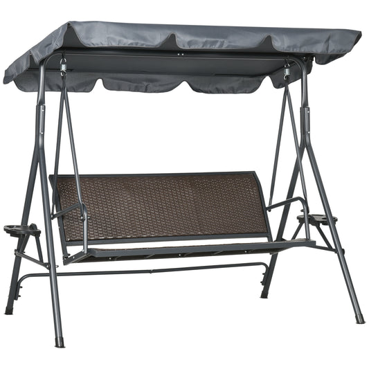 3-Seat Patio Swing Chair, Outdoor Canopy Swing Glider with Adjustable Shade, Rattan Seat and Steel Frame, for Porch, Garden, Poolside, Dark Grey