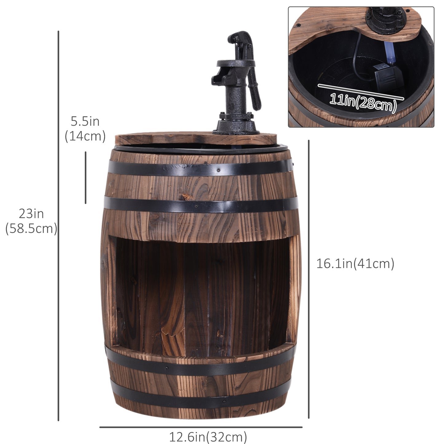 Wooden Outdoor Fountain, Electrical Barrel Waterfall with 3600r/min Speed Pump for Patio, Backyard, Carbonized