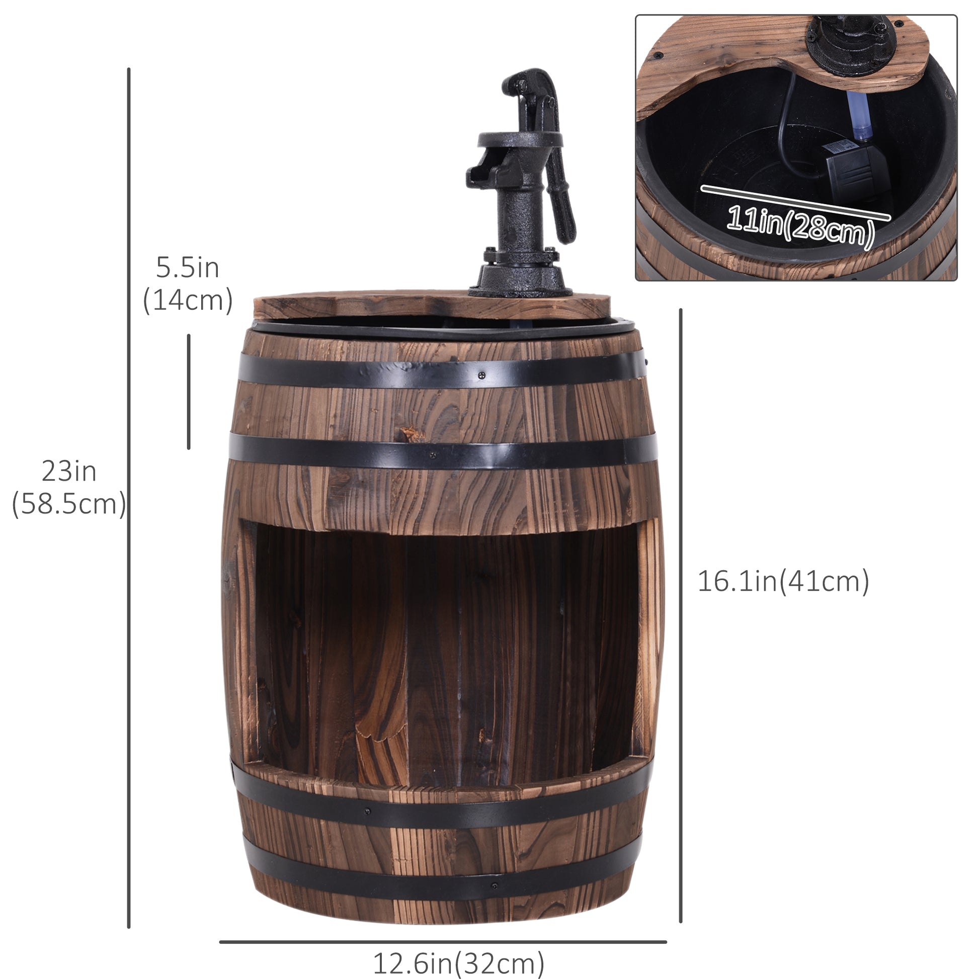 Wooden Outdoor Fountain, Electrical Barrel Waterfall with 3600r/min Speed Pump for Patio, Backyard, Carbonized