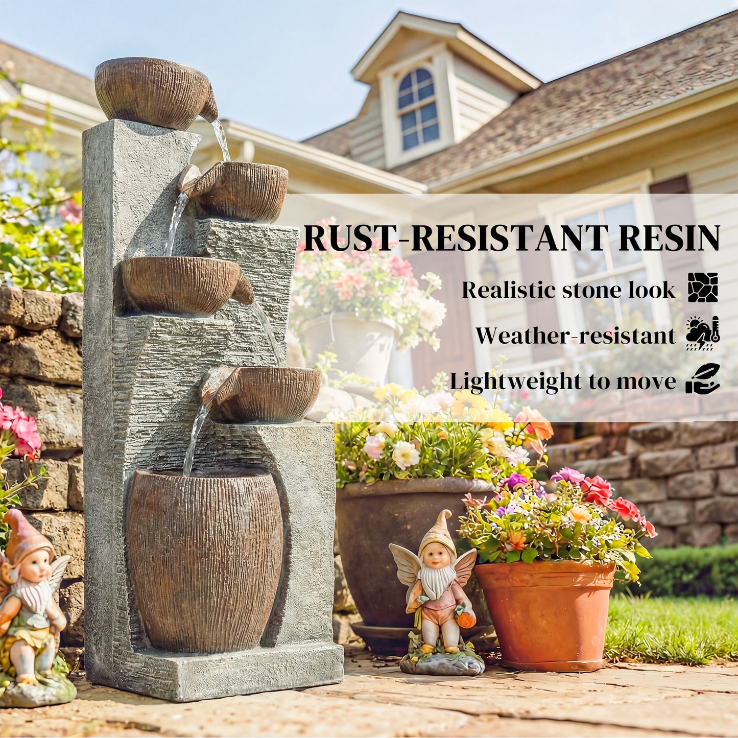 Outdoor Cascading Rock Water Fountain, 5-Tier Waterfall Feature with LED Lights, Adjustable Flow, Grey and Rustic Brown
