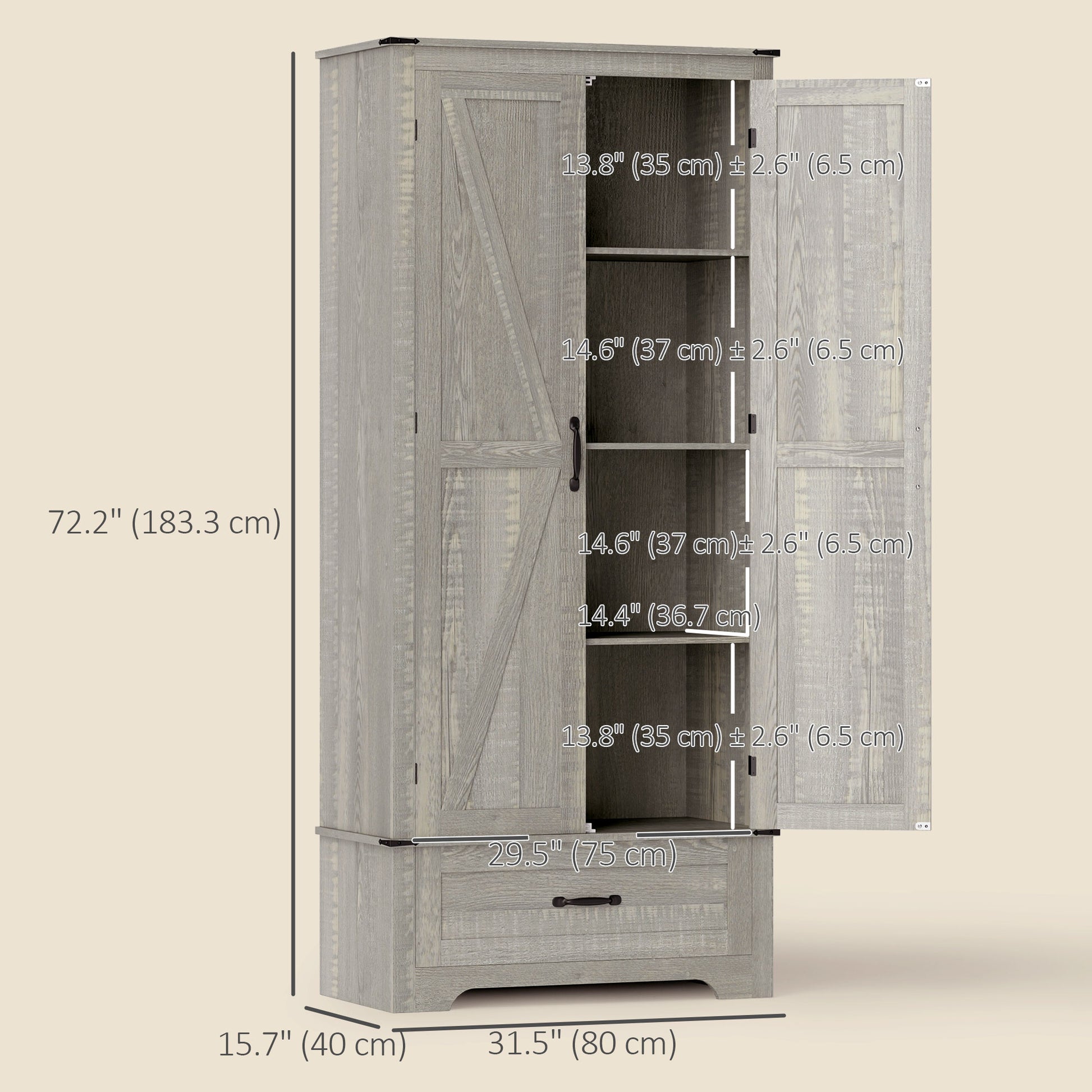 72" Farmhouse Pantry Cabinet with Adjustable Shelves, Kitchen Pantry Cabinet with 2 Doors, Distressed Light Grey