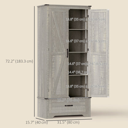 72" Farmhouse Pantry Cabinet with Adjustable Shelves, Kitchen Pantry Cabinet with 2 Doors, Distressed Light Grey