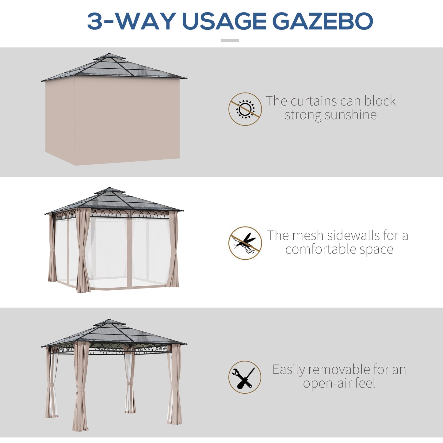 10' x 10' Outdoor Hardtop Gazebo Canopy w/ Double PC Roof, Steel Frame, Nettings, Curtains for Garden Lawn Deck, Khaki