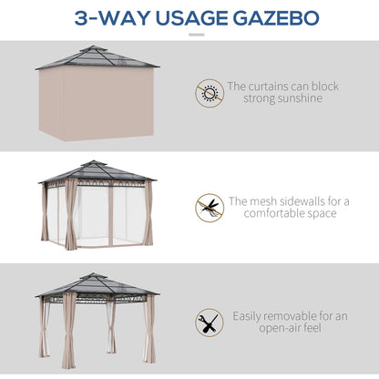 10' x 10' Outdoor Hardtop Gazebo Canopy w/ Double PC Roof, Steel Frame, Nettings, Curtains for Garden Lawn Deck, Khaki
