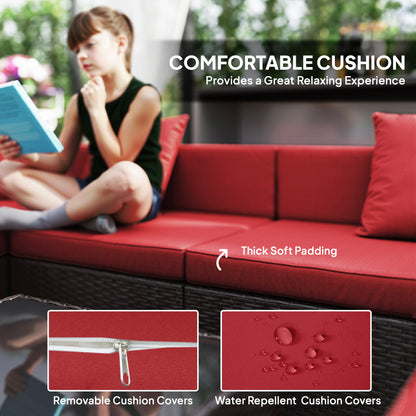 7 Pieces Patio Furniture Set, Rattan Conversation Set Garden Wicker Sofa Set with Washable Cushions and Coffee Table, for Deck Balcony Yard, Wine Red