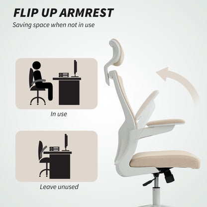 Ergonomic Office Chair, Swivel Desk Chair with Adjustable Lumbar Support, Headrest and Height, Flip-up Armrests, Beige
