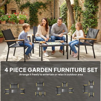 Outdoor 4 Piece Set Patio Furniture with Sofa, Tempered Glass Tabletop for Garden Backyard Porch, Black