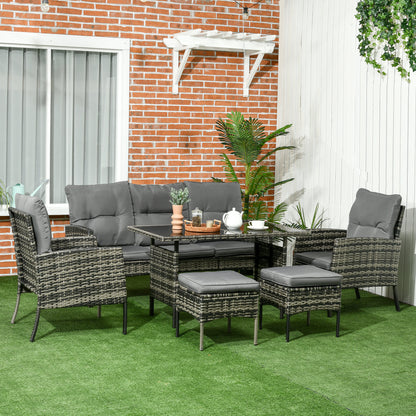 6-Piece Outdoor Patio Furniture Set with Chairs, Ottomans, Sofa, Glass Top Coffee Table and Cushions, Wicker Rattan Conversation Set for Backyard and Porch, Grey