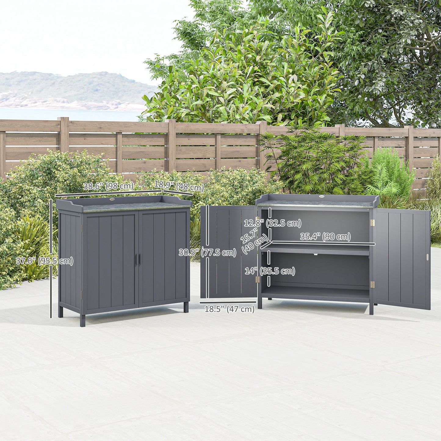 Garden Storage Cabinet, Outdoor Potting Bench Table with Galvanized Top and Shelf, Tool Shed with Double Doors, Grey