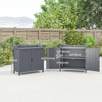 Garden Storage Cabinet, Outdoor Potting Bench Table with Galvanized Top and Shelf, Tool Shed with Double Doors, Grey