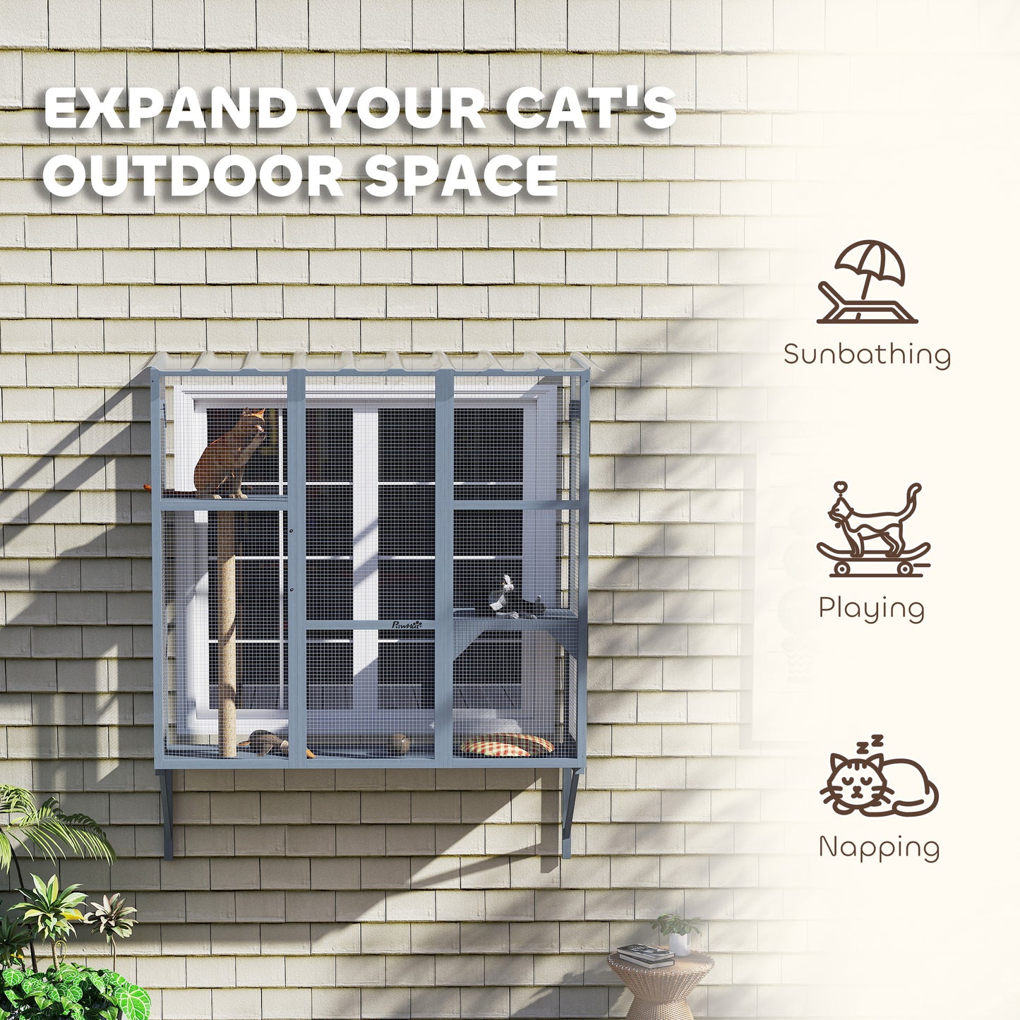 Wooden Catio Outdoor, Cat Window Box Enclosure for 2-3 Large Cats with 2 Jumping Platforms & Scratching Post, Grey