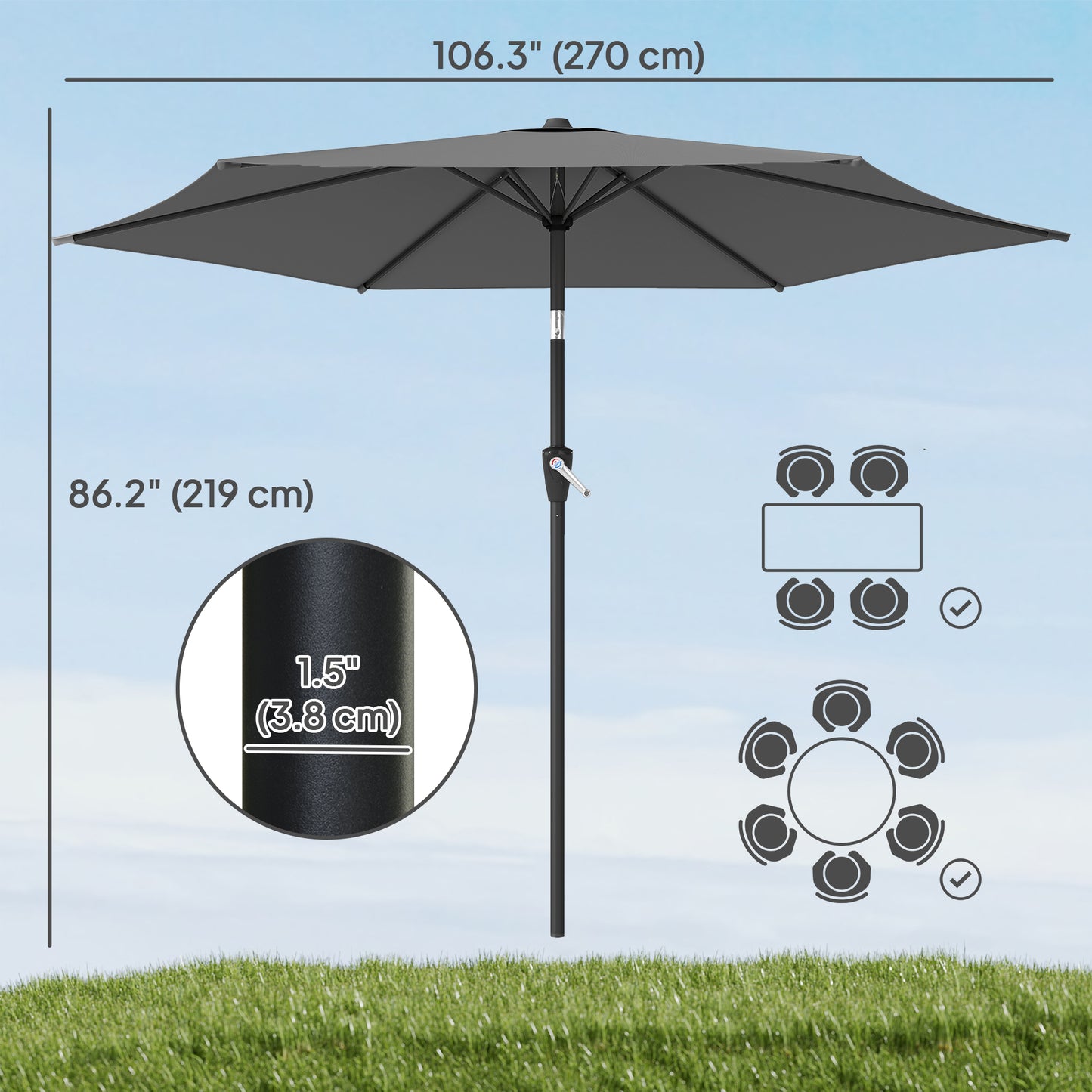9FT Patio Umbrella, Outdoor Table Patio Umbrellith Tilt, Crank, 6 Ribs, UV Protection for Garden, Lawn, Deck, Backyard