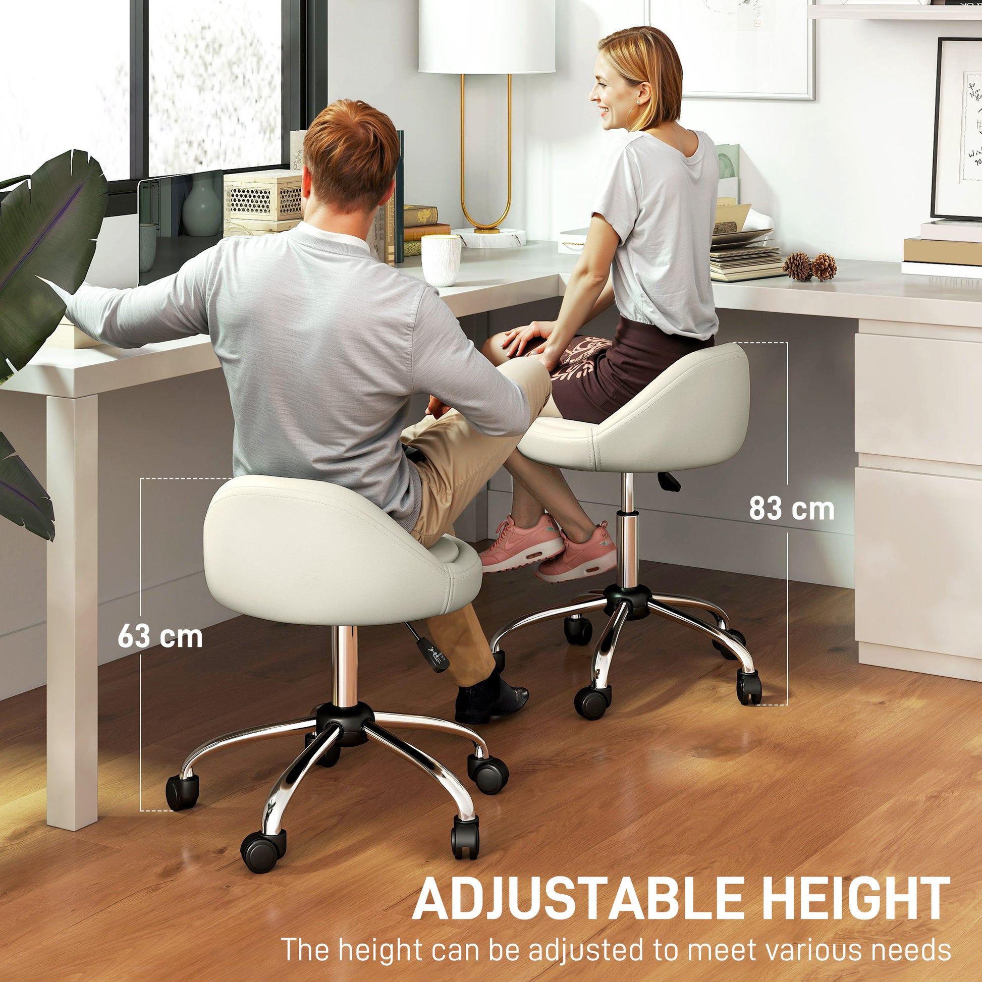 Salon Stool, Adjustable Rolling Stool, White