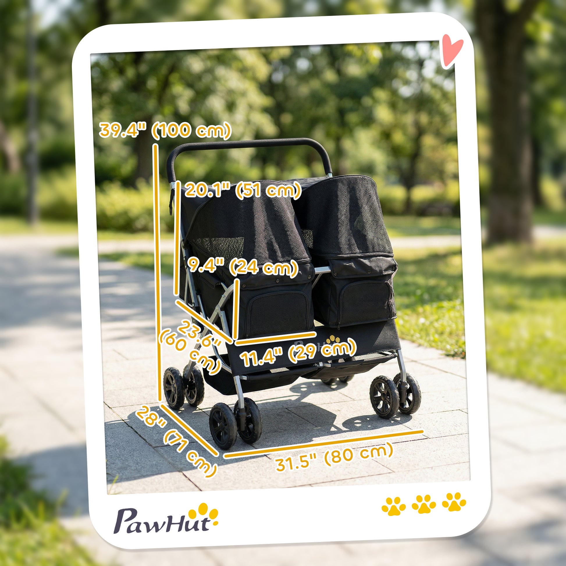 Double Pet Stroller, Foldable Dog Stroller with 2-Seater Carrier, Sunshade, Removable Pad, Safety Belt, Storage Basket