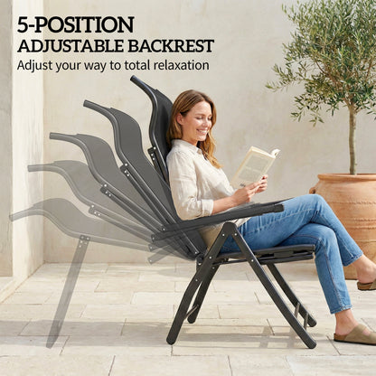 Folding Patio Chairs Set of 2, 5-Position Outdoor Lounge Chairs with High Back, Retractable Footrest, Black