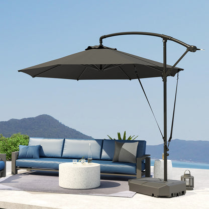 10FT Cantilever Umbrella with Fillable Base, Wind Strap and Cover, Offset Hanging Umbrella with Crank, UPF50+, Grey