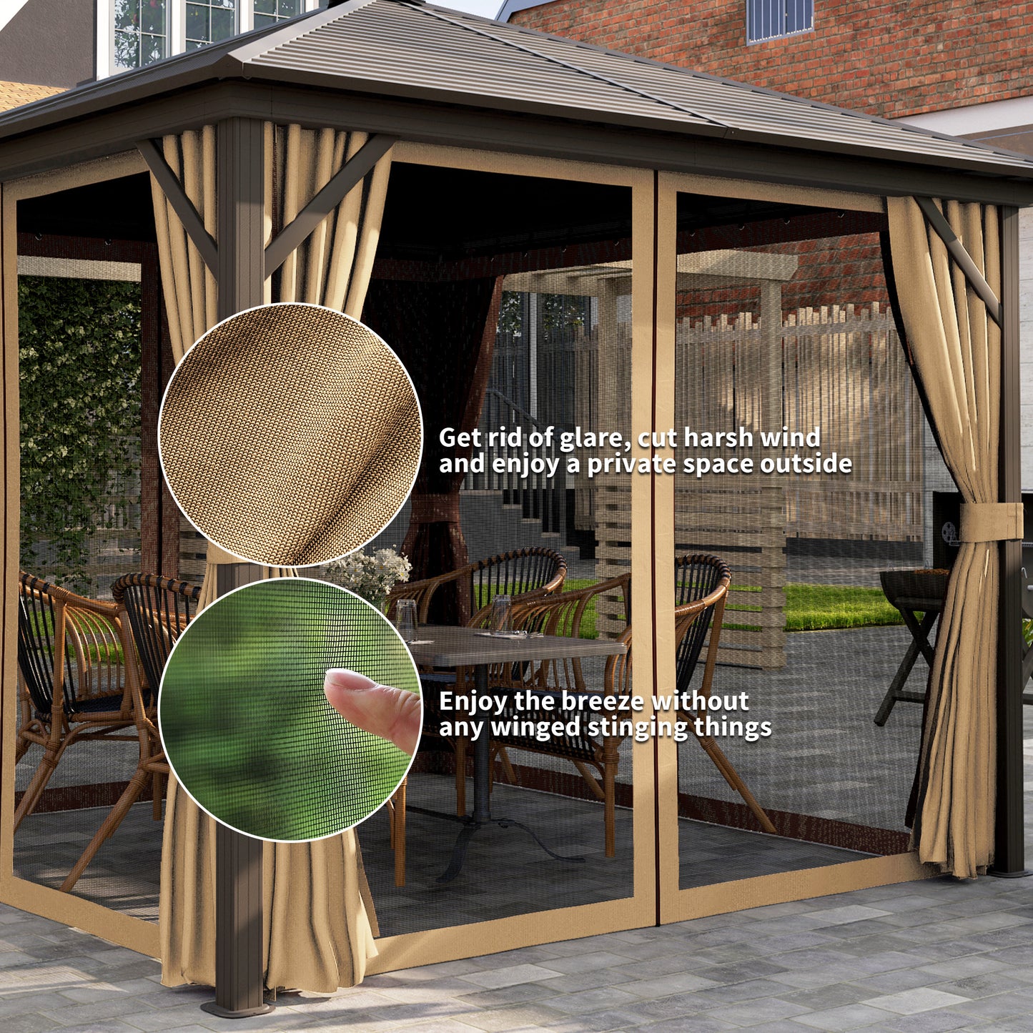 10' x 10' Hardtop Gazebo Outdoor Aluminum Gazebo Canopy with Mosquito Netting, Curtains, Hanging Hook, Brown