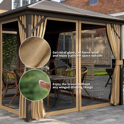 10' x 10' Hardtop Gazebo Outdoor Aluminum Gazebo Canopy with Mosquito Netting, Curtains, Hanging Hook, Brown
