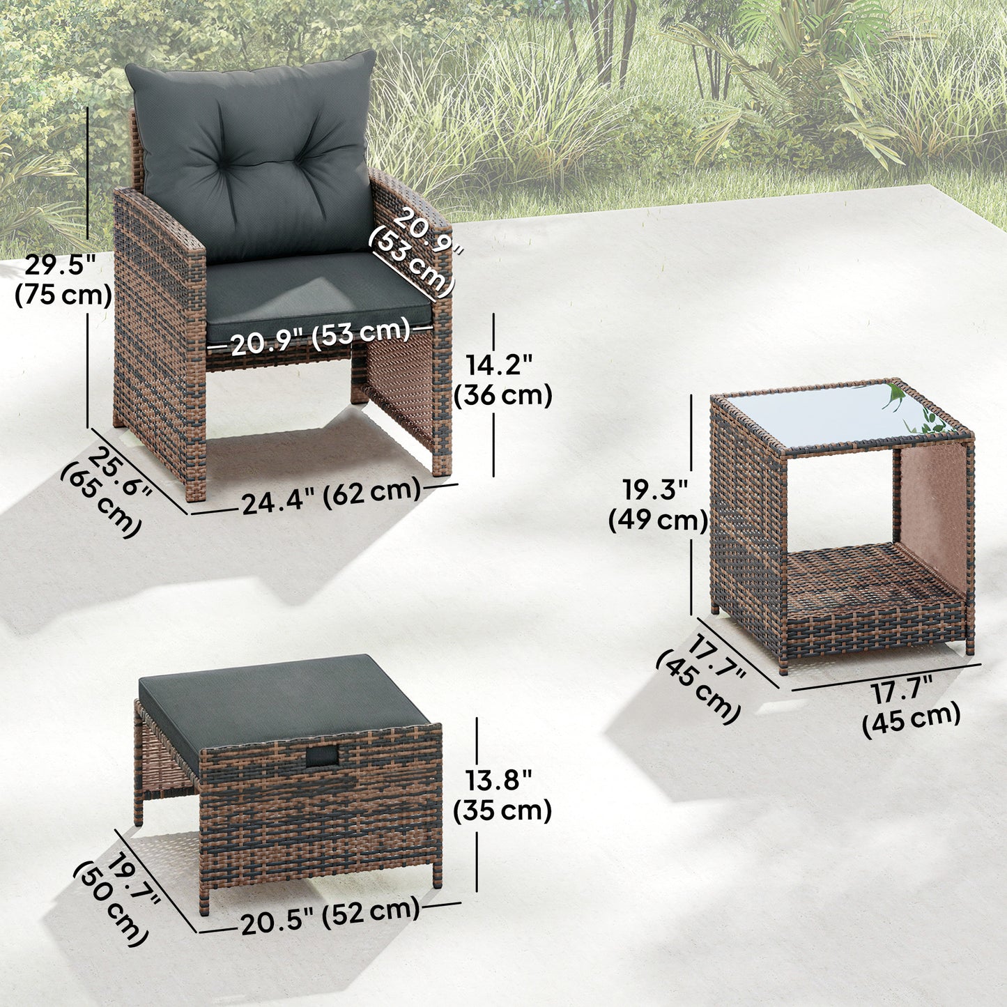 5 Piece Patio Furniture Set, Wicker Patio Chairs with Ottomans, 2-Tier Glass Coffee Table and Cushions, Brown/Dark Grey