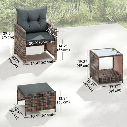 5 Piece Patio Furniture Set, Wicker Patio Chairs with Ottomans, 2-Tier Glass Coffee Table and Cushions, Brown/Dark Grey