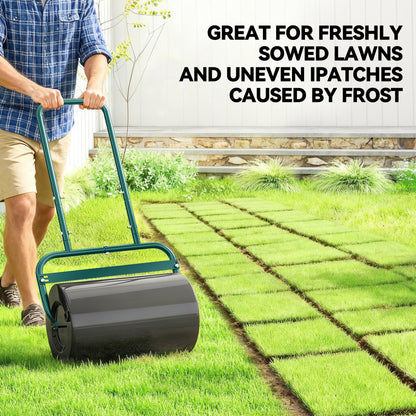Heavy Duty Lawn Roller, 20" Push/Tow Behind Sod Roller, Grass Flattener Filled with 11gal Water/136lbs Sand, Green