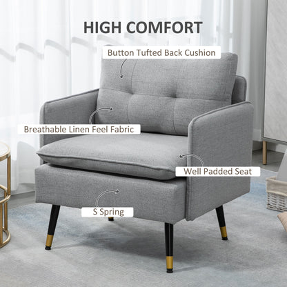 Accent Chair, Upholstered Armchair with Tufted Back Cushion and Steel Legs for Living Room, Bedroom, Grey