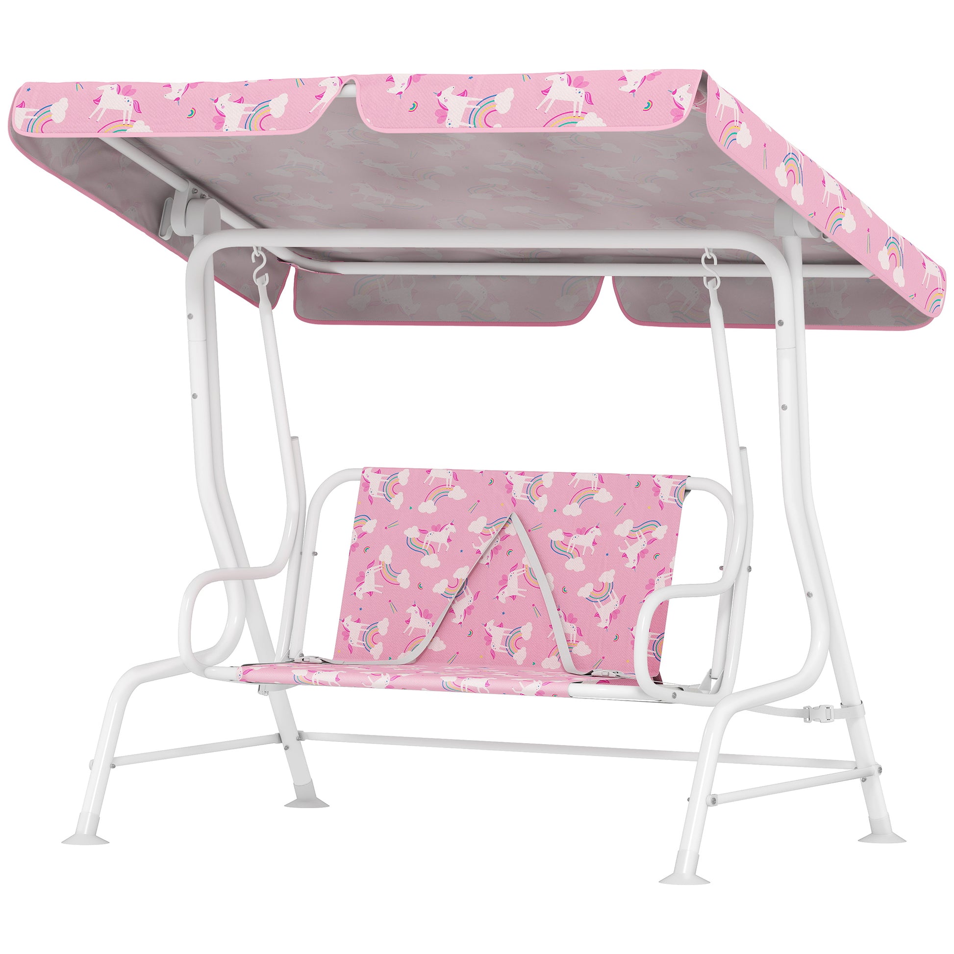 Qaba Kids Porch Swing, 2-Seater Patio Swing Bench with Safety Belts, Adjustable Canopy for Backyard, Garden, Pink