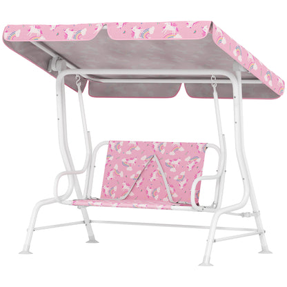 Qaba Kids Porch Swing, 2-Seater Patio Swing Bench with Safety Belts, Adjustable Canopy for Backyard, Garden, Pink