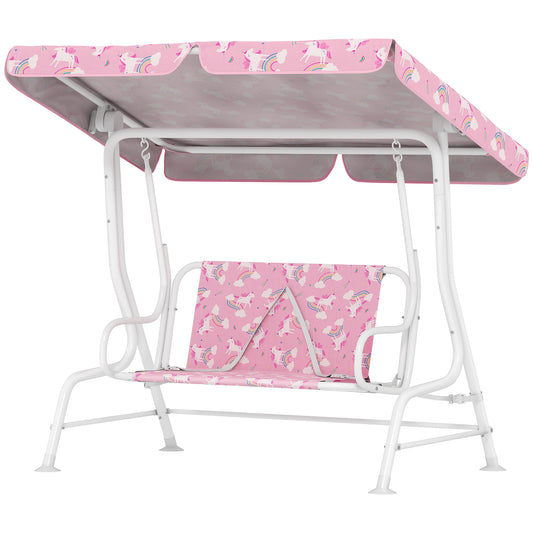 Qaba Kids Porch Swing, 2-Seater Patio Swing Bench with Safety Belts, Adjustable Canopy for Backyard, Garden, Pink